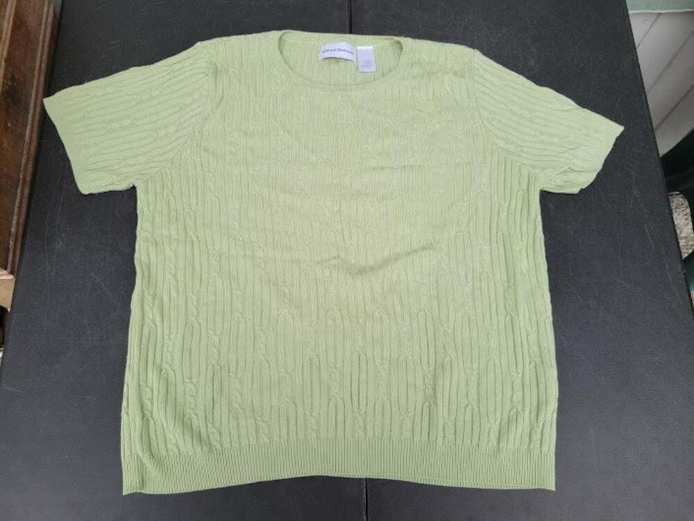 Alfred Dunner Sweater Womens L Green Cable Knit Short Sleeve Pullover Made USA